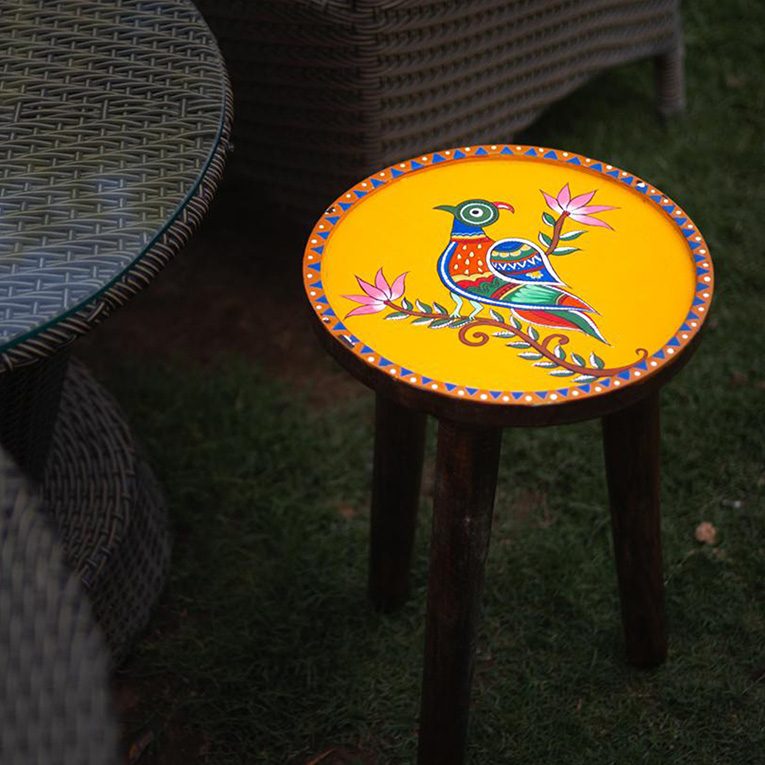 hand-painted-madhubani-art-bird-stool-yellow-1